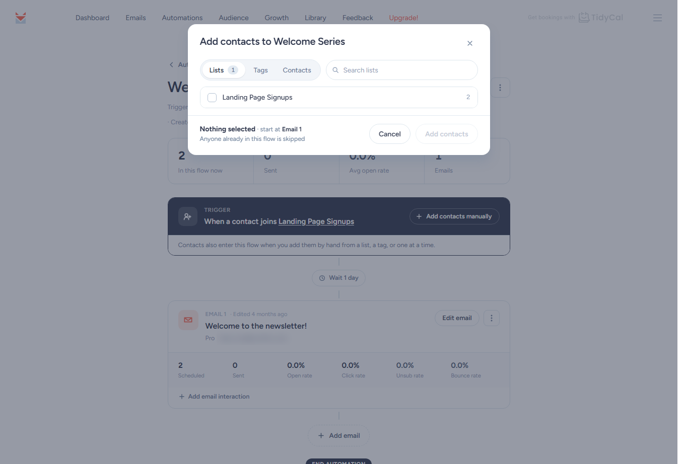 Add contacts window in a SendFox automation with Lists, Tags and Contacts tabs