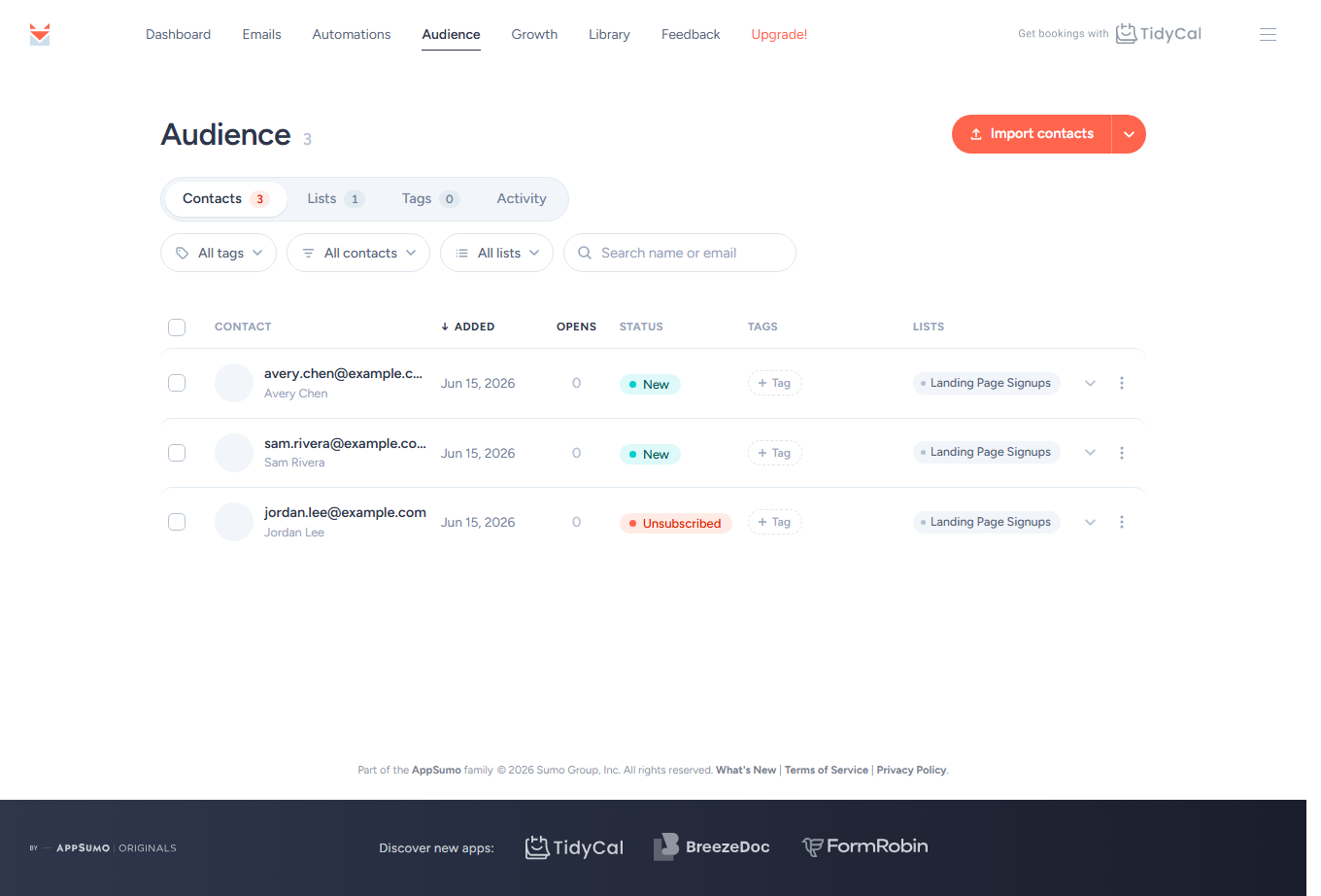 SendFox Contacts list showing New and Unsubscribed status pills and the All contacts filter