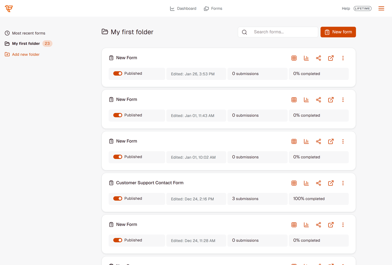 Forms page with My first folder selected in the folders sidebar and its forms listed