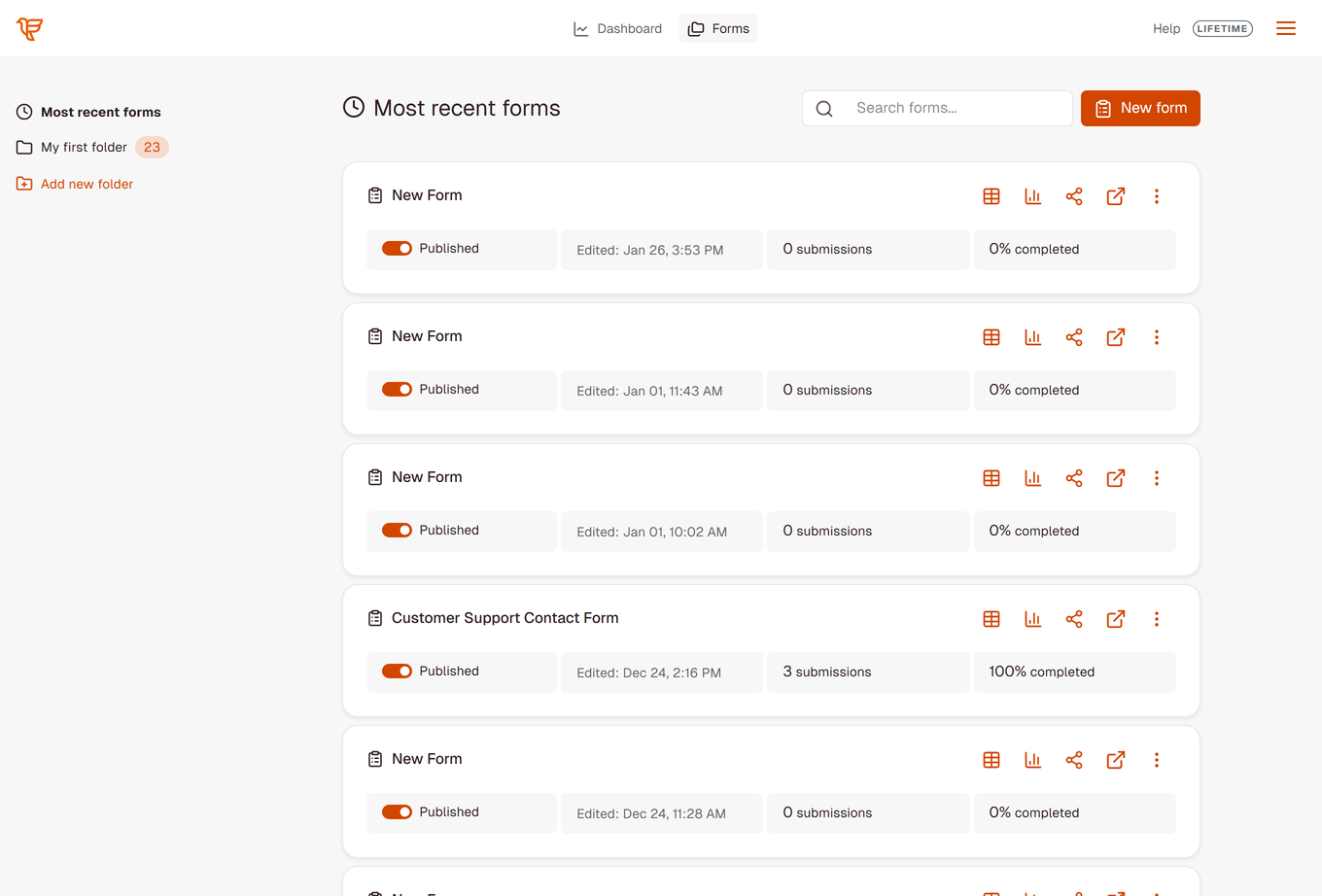 Forms page with the folders sidebar, Search forms, the New form button and form cards