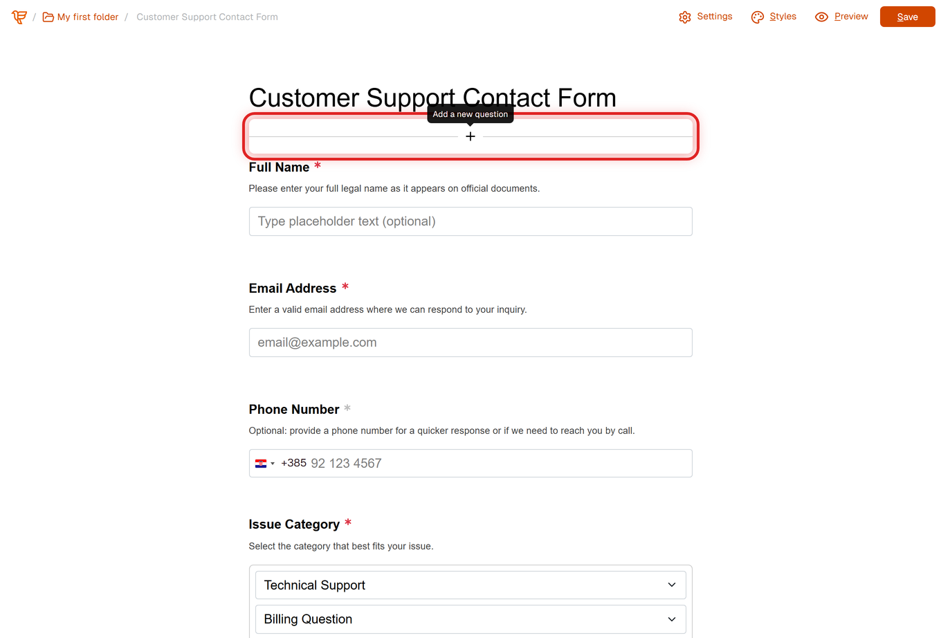 Form editor with the + button (Add a new question) highlighted above the first question