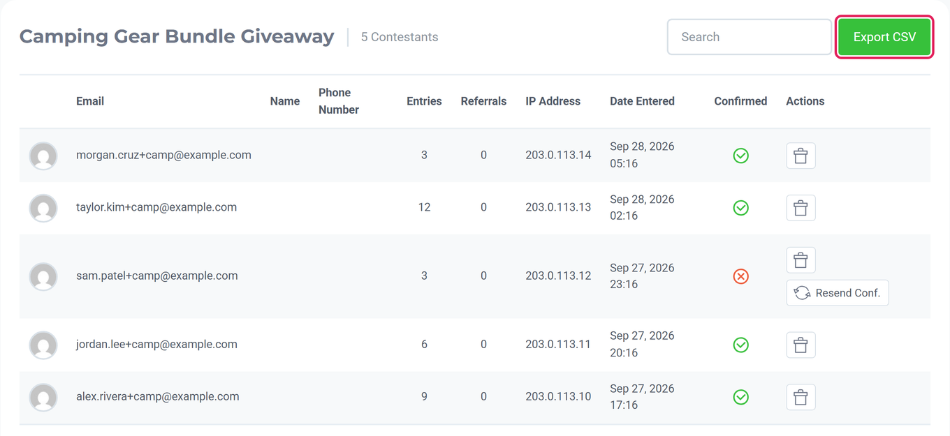 Contestants page with the Export CSV button highlighted