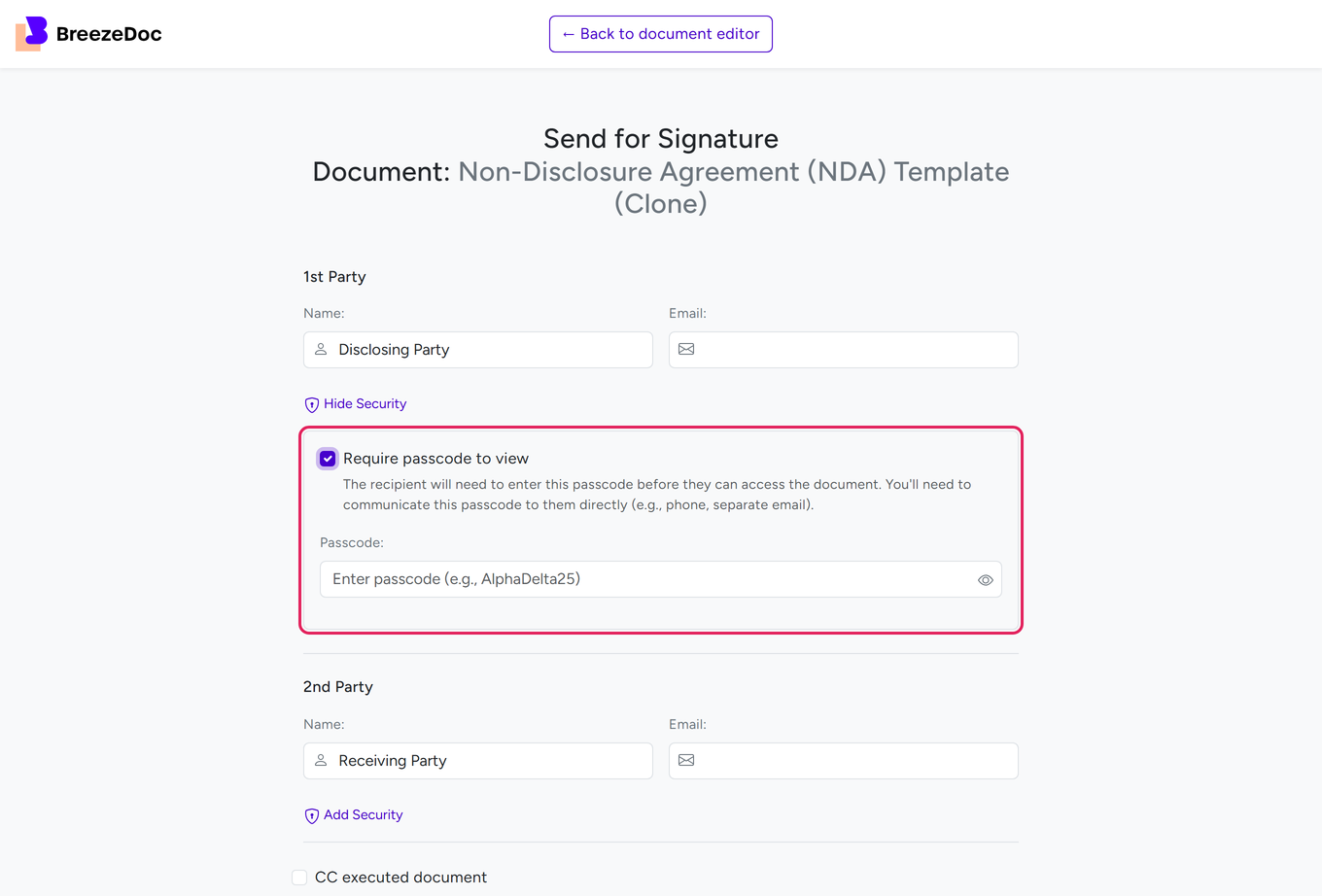 Send for Signature page with Add Security open and Require passcode to view ticked for the 1st Party