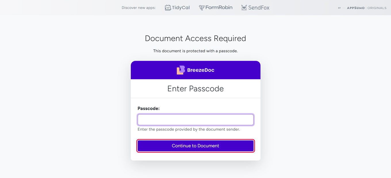 Document Access Required page where the signer enters the passcode and clicks Continue to Document