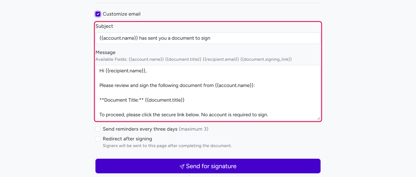Send for Signature page with Customize email ticked, showing the default Subject and Message fields