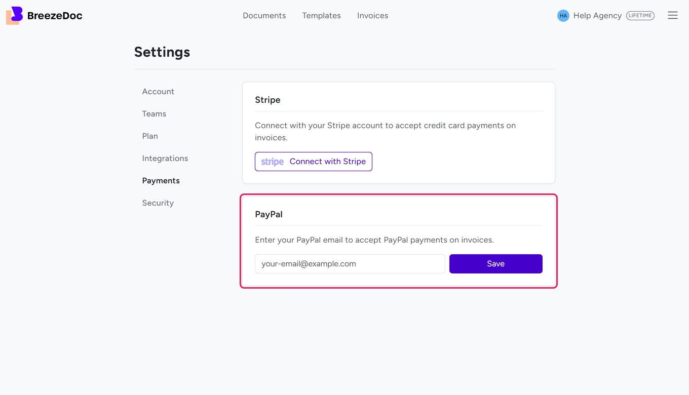 Settings Payments page with the PayPal email field and Save button highlighted