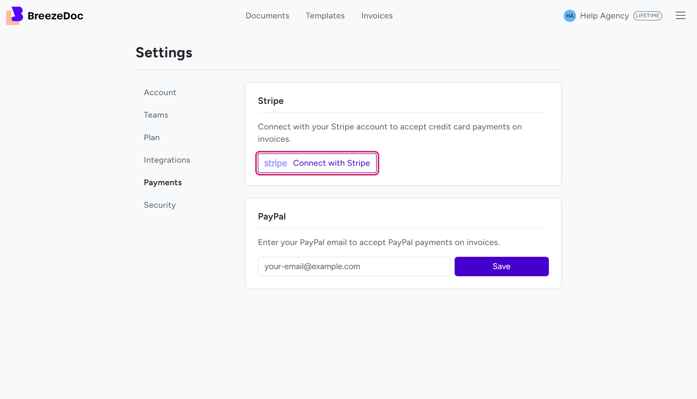 Settings Payments page with the Connect with Stripe button highlighted