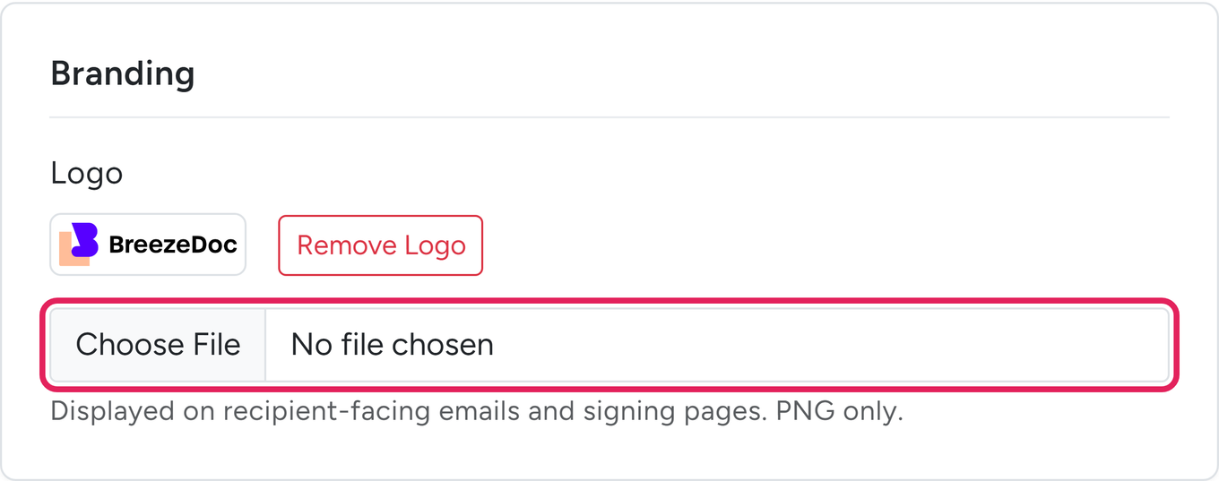Settings Account Branding section with a logo uploaded, Remove Logo, and the file chooser highlighted
