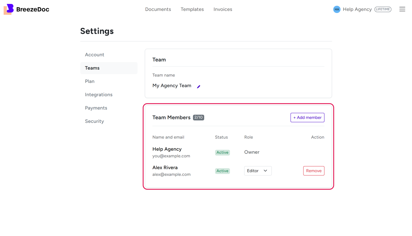 BreezeDoc Settings Teams page with the Team Members table showing an Owner and an Editor