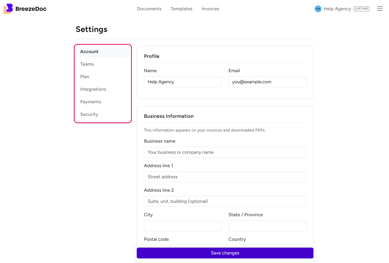 BreezeDoc Settings Account page with the six-page side menu, Profile, and Business Information
