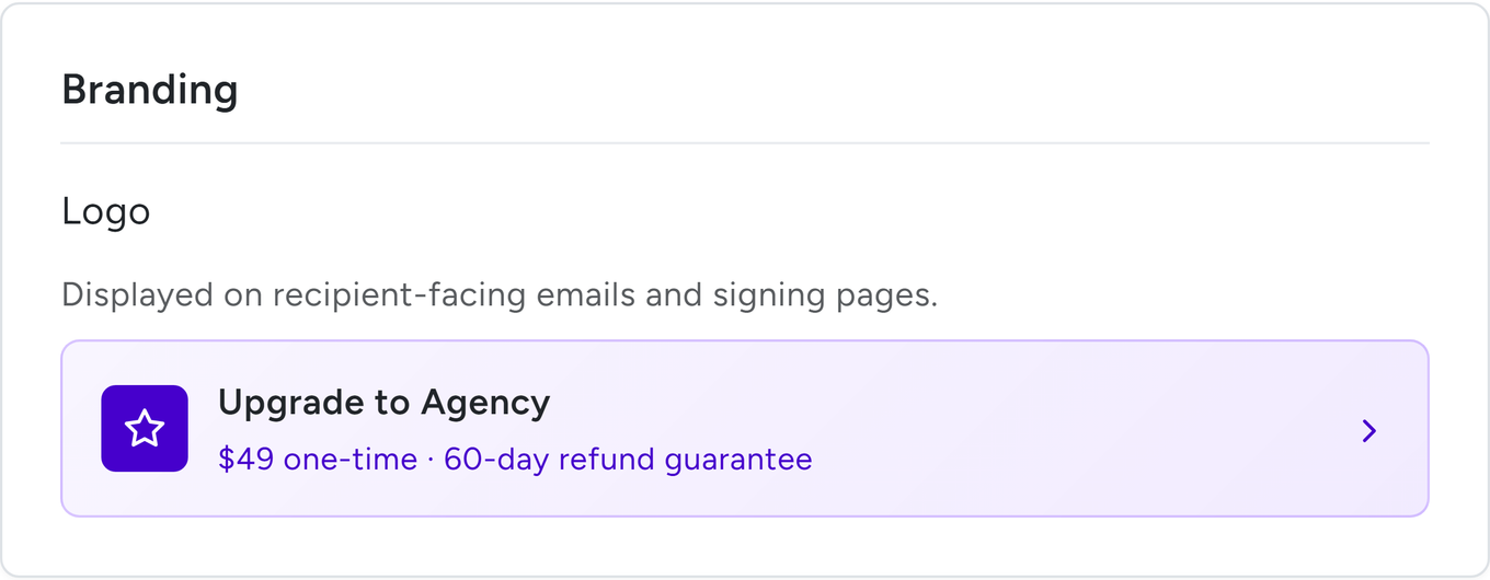 BreezeDoc Settings Branding section showing the Upgrade to Agency box for plans without a custom logo