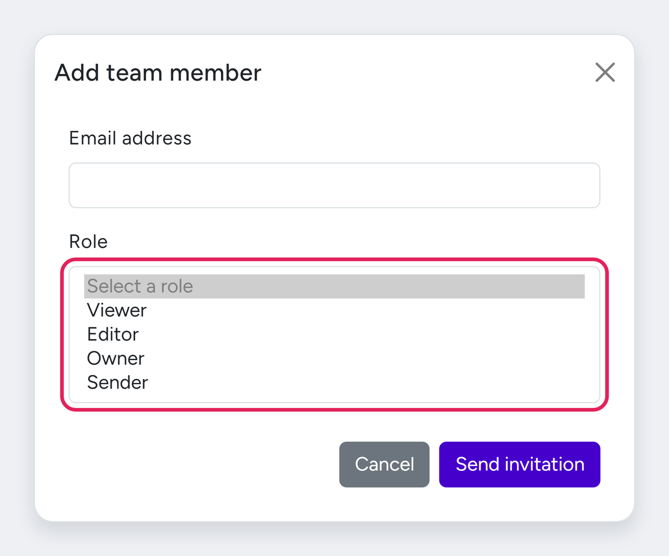 BreezeDoc Add team member window with the Role list showing Viewer, Editor, Owner, and Sender