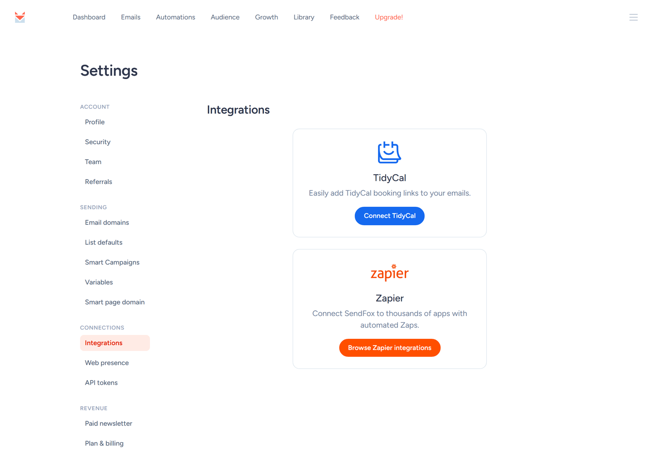 SendFox Settings Integrations page with the Zapier card and Browse Zapier integrations button