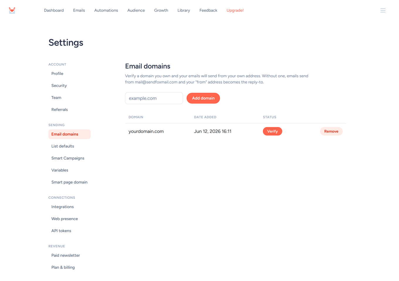 SendFox Email domains page with a domain added and the Verify button