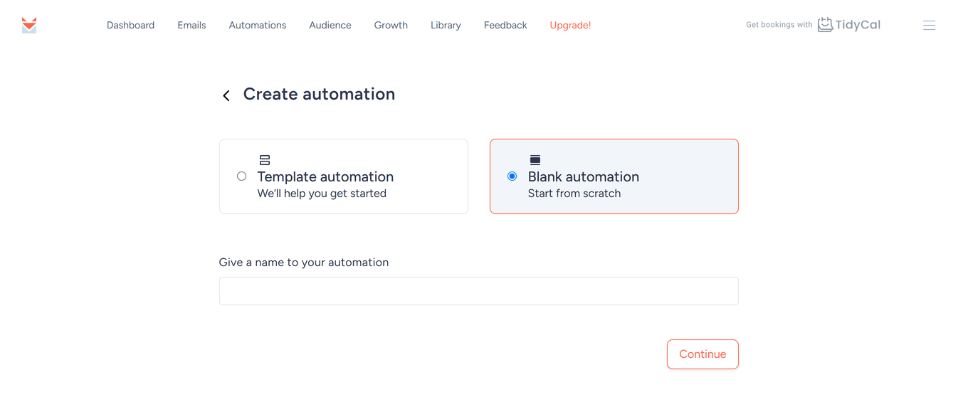 SendFox Create automation screen with Template automation and Blank automation options