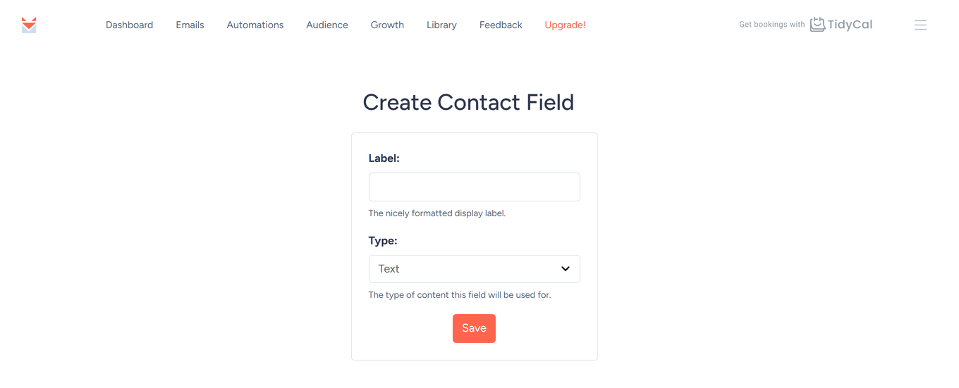 SendFox Create Contact Field form with a Label input and a field Type selector