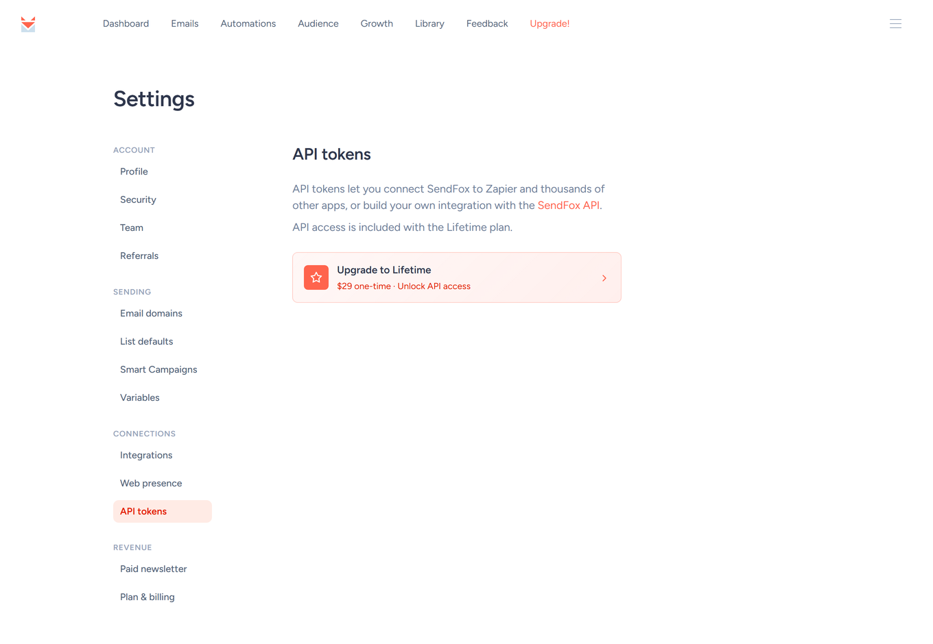 API tokens page on the Free plan showing the upgrade prompt for API access