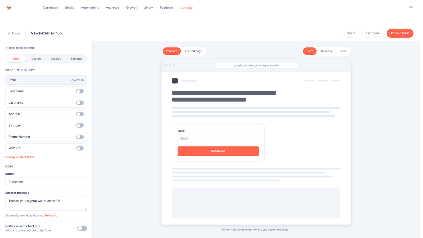 SendFox form builder with form settings, field options, and a live form preview