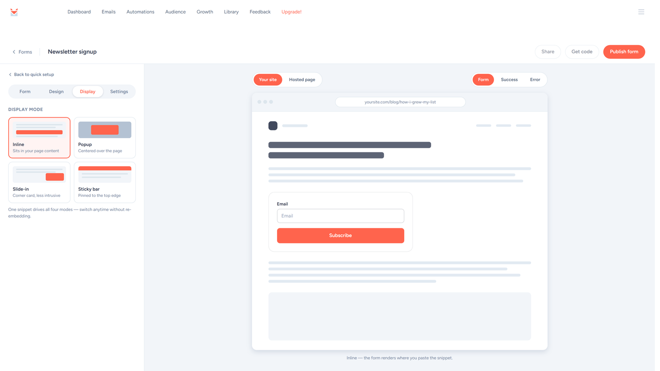SendFox form builder Display tab: Inline, Popup, Slide-in, and Sticky bar display modes