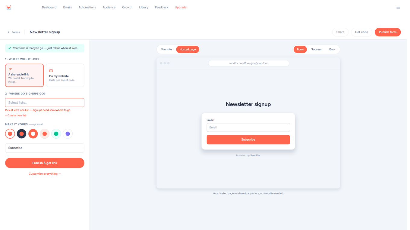 Form builder quick setup: where the form lives, which list signups join, and Publish and get link