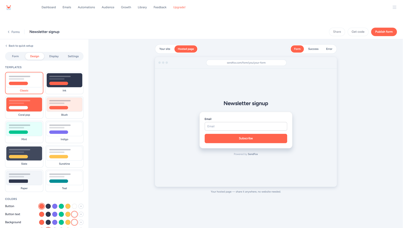 SendFox form builder Design tab with color templates and Button, Button text and Background color swatches