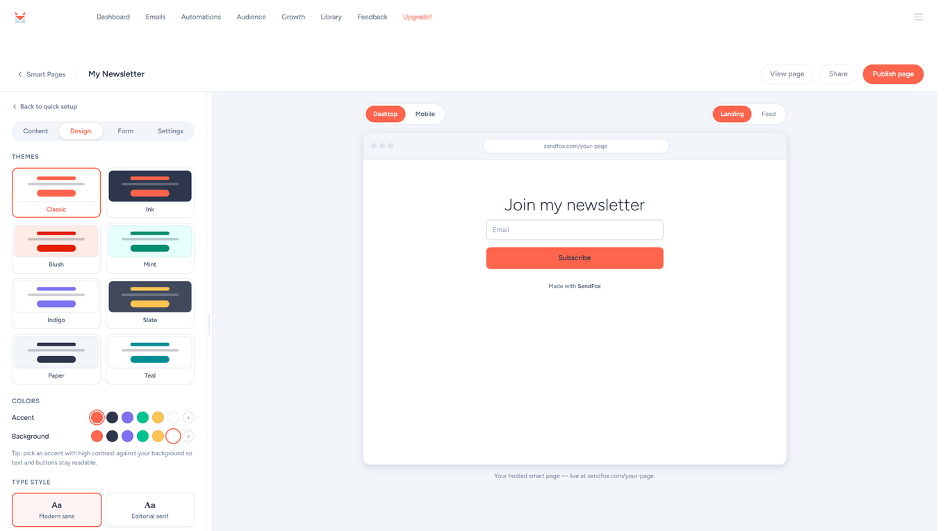 Smart Page builder Design tab with eight color themes and Modern sans or Editorial serif type styles