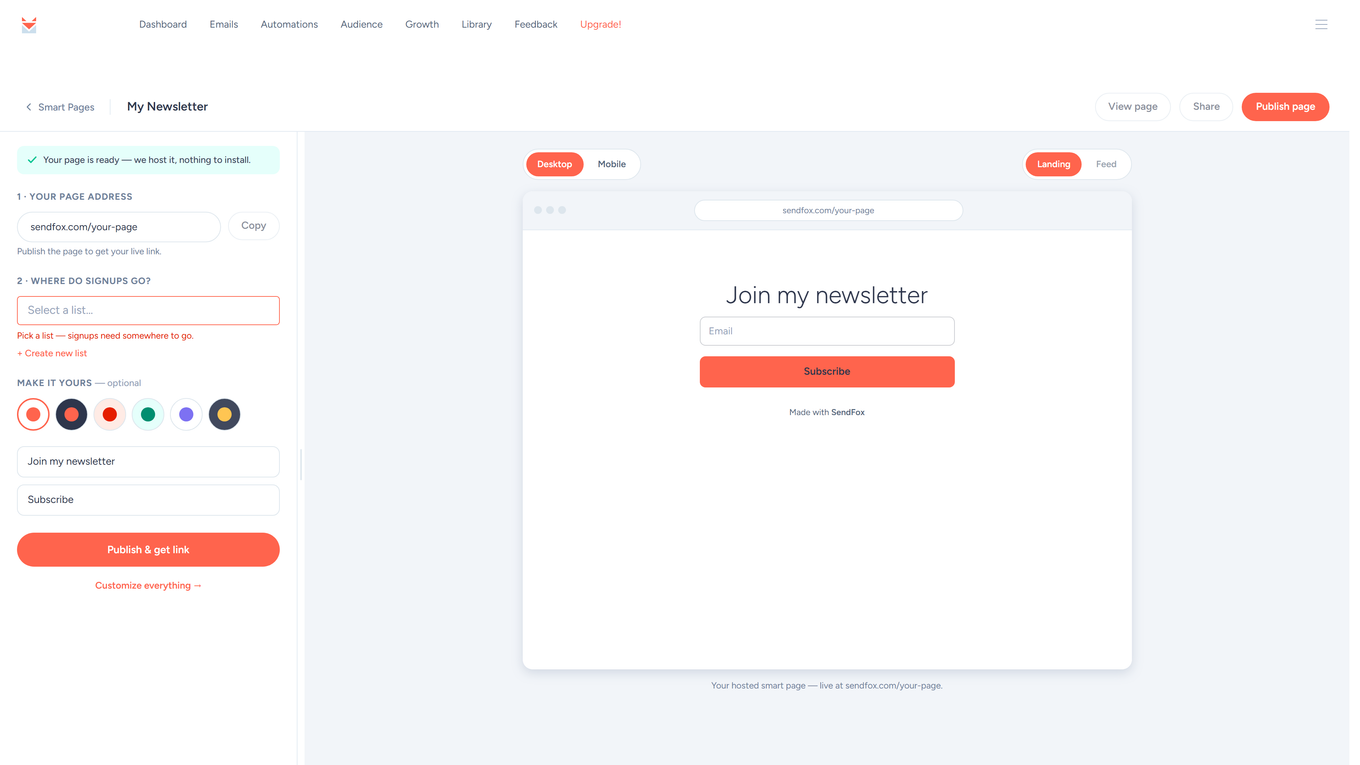 Smart Page builder quick setup: page address, list picker, theme, and Publish and get link