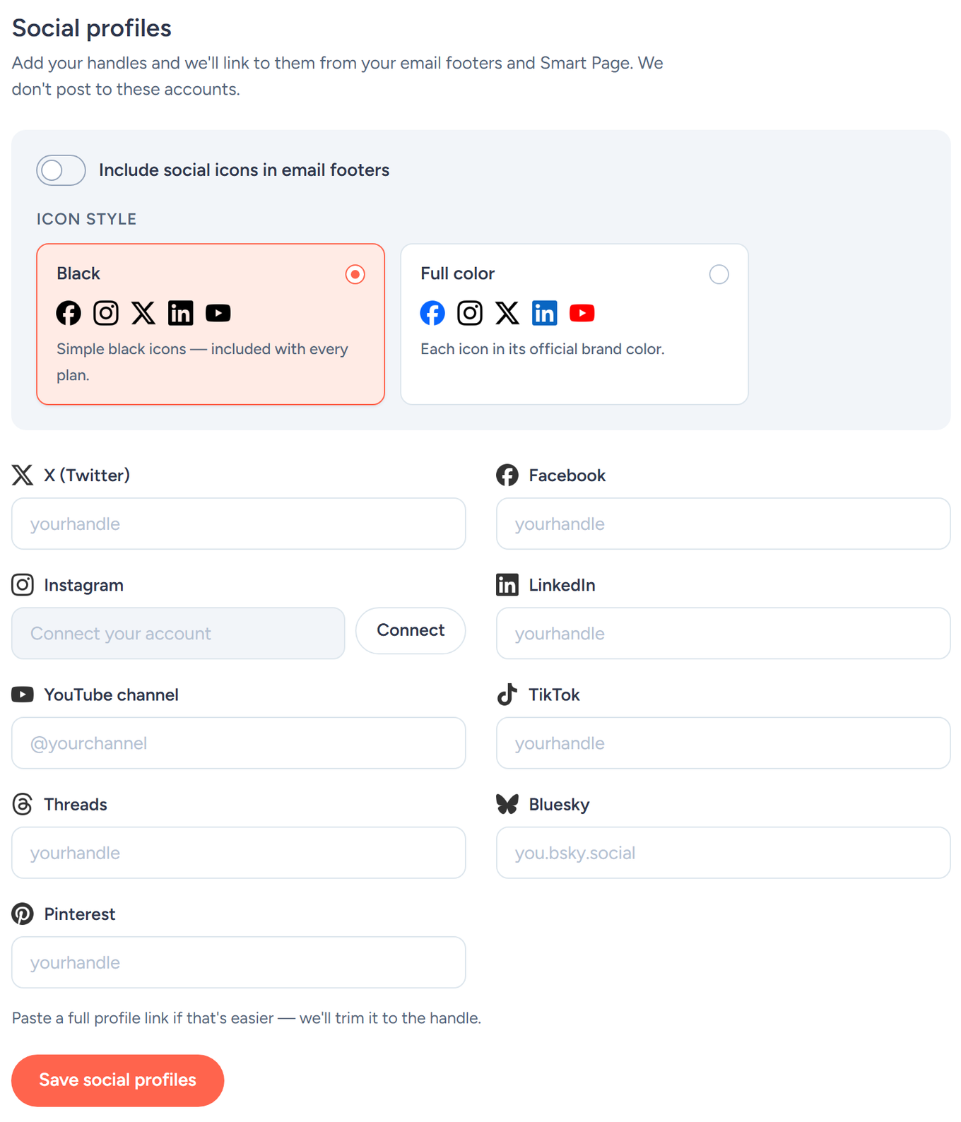 SendFox Web presence Social profiles: Instagram Connect and the Black / Full color icon style picker