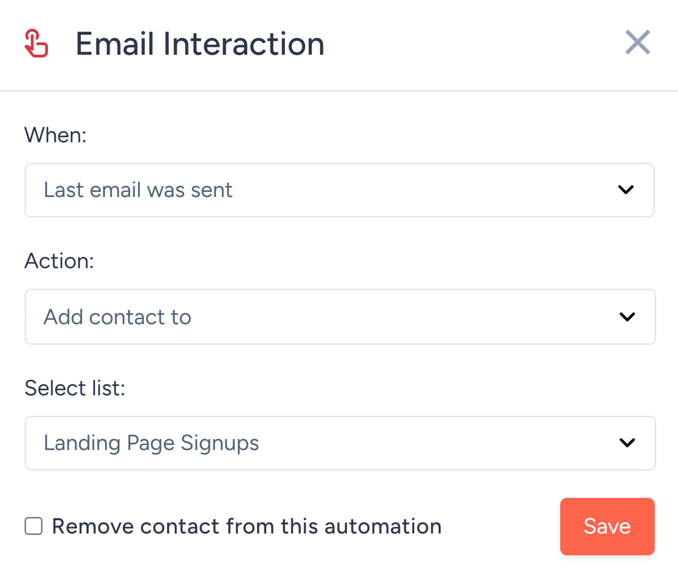 Email Interaction window with When, Action, and Select list options for moving contacts between lists