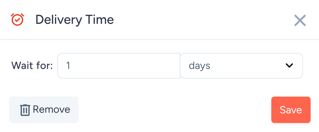 Delivery Time window with the Wait for field, time unit selector, Remove, and Save buttons