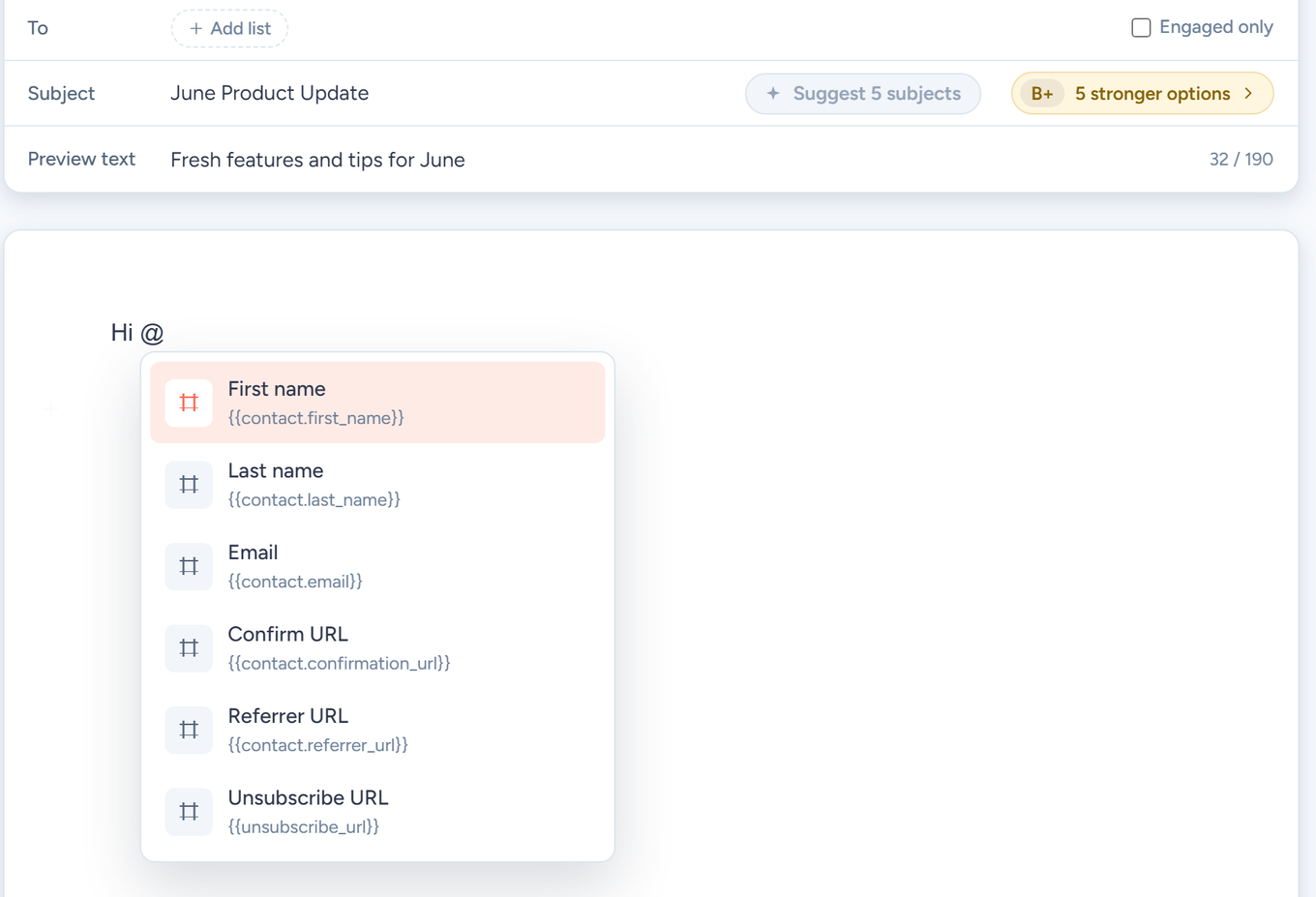 SendFox email editor personalization menu with First name, Last name, Email and URL tags