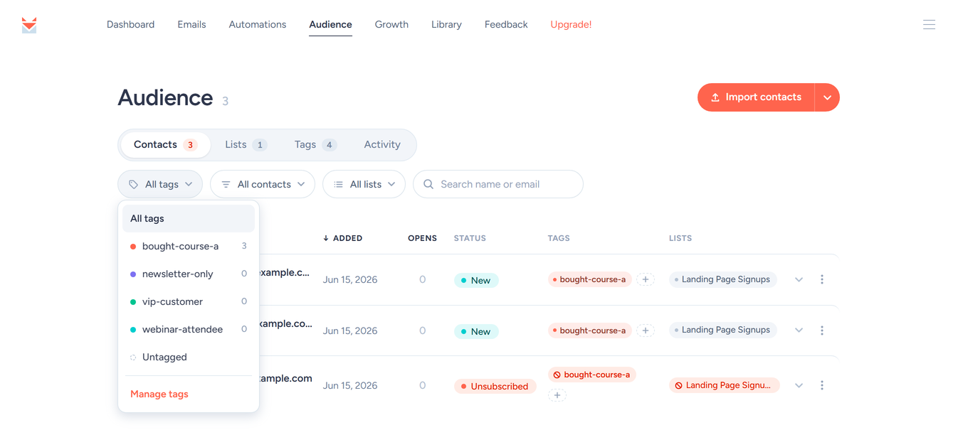 Contacts page tag filter open, showing each tag with its count plus an Untagged option