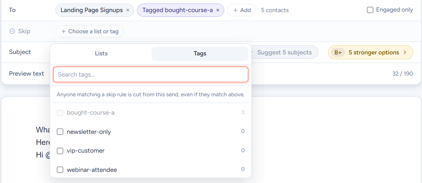 Campaign editor To and Skip rows with the Lists and Tags tab strip open on Tags