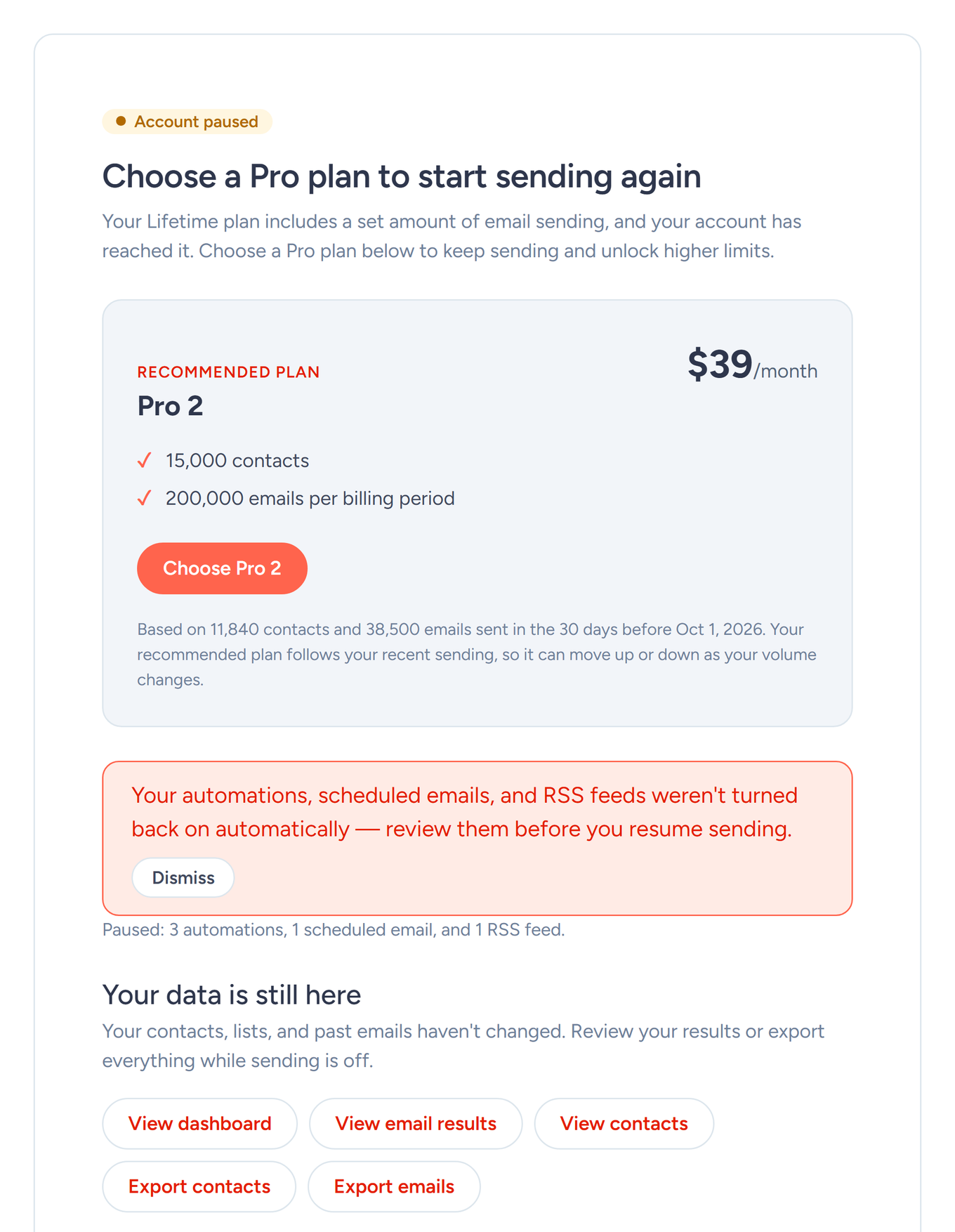 SendFox Account status page in the Account paused state with the recommended plan, the workflows notice and export options