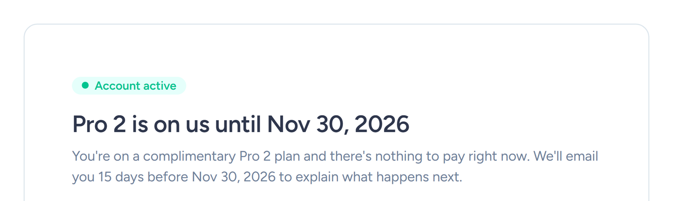 SendFox Account status page showing a complimentary Pro 2 plan that runs until a set date