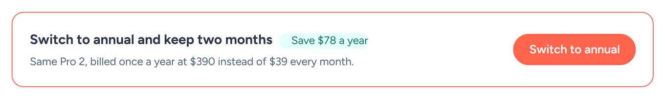 The Switch to annual card on SendFox Settings, Plan and billing, showing Save $78 a year and a Switch to annual button