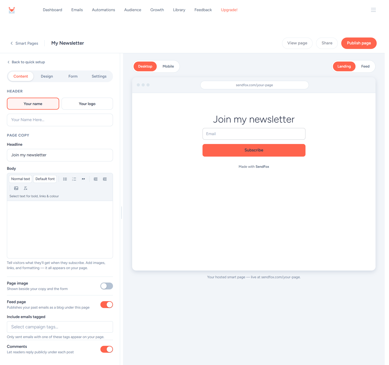 Smart Page builder Content tab with Feed page on, the Include emails tagged field and the Comments switch