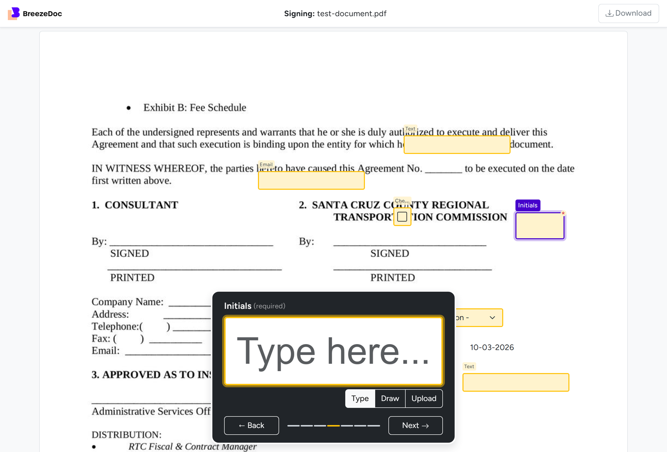 BreezeDoc signing page with yellow fields and the Initials window showing Type, Draw, and Upload