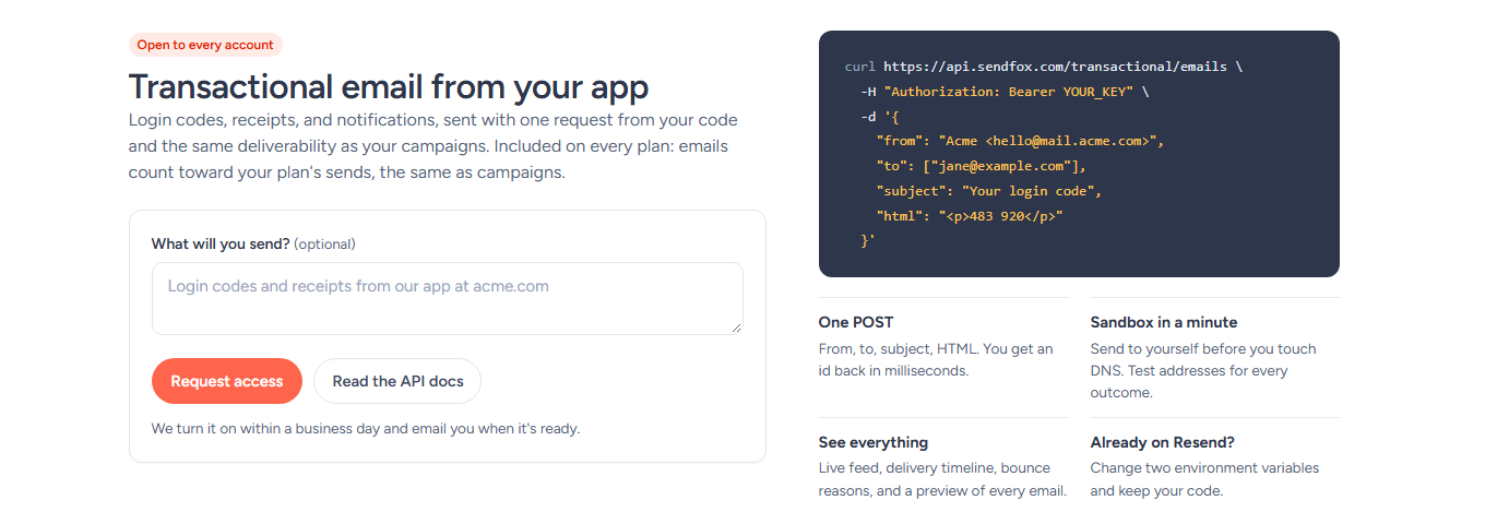 The Transactional request page in SendFox: What will you send? box with Request access and Read the API docs buttons