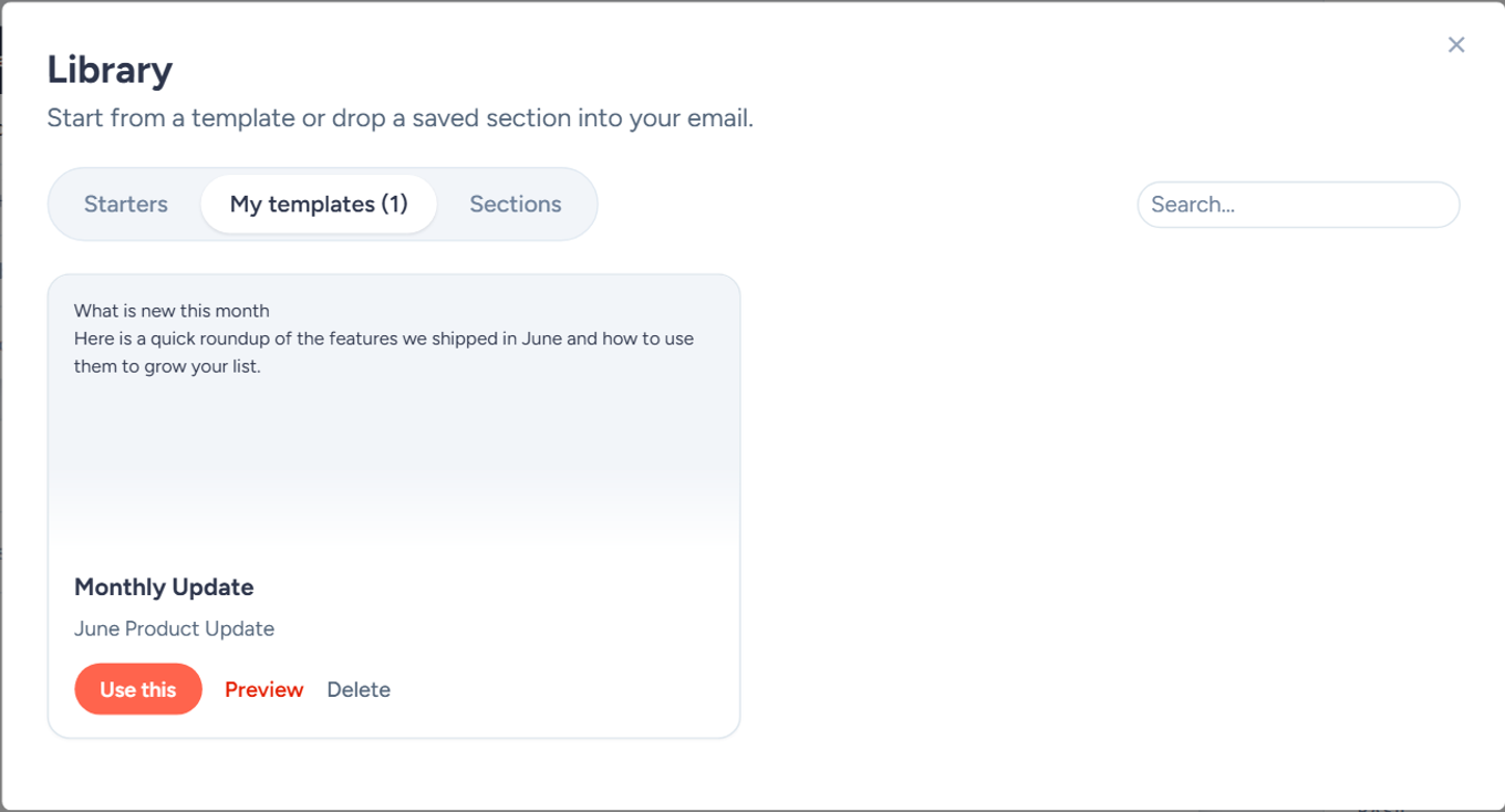 The Library panel in the SendFox email editor with Starters, My templates and Sections tabs and Use this and Preview buttons