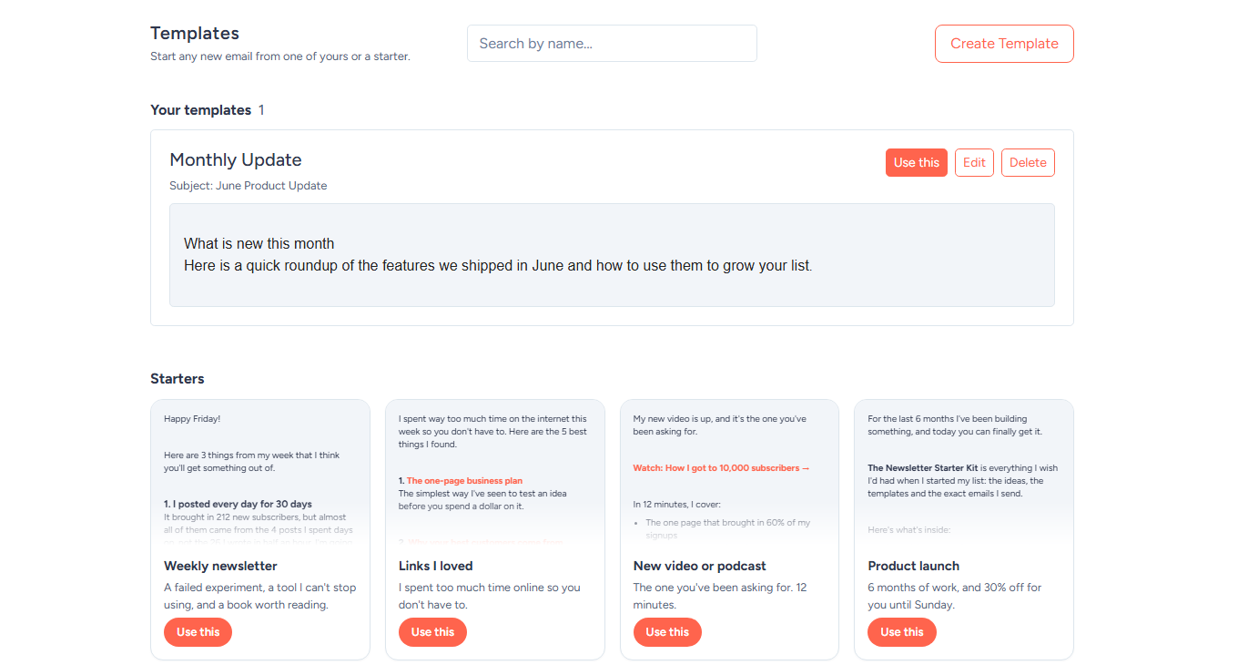 The Templates page in SendFox: Your templates with Use this, Edit and Delete, and a grid of starter templates