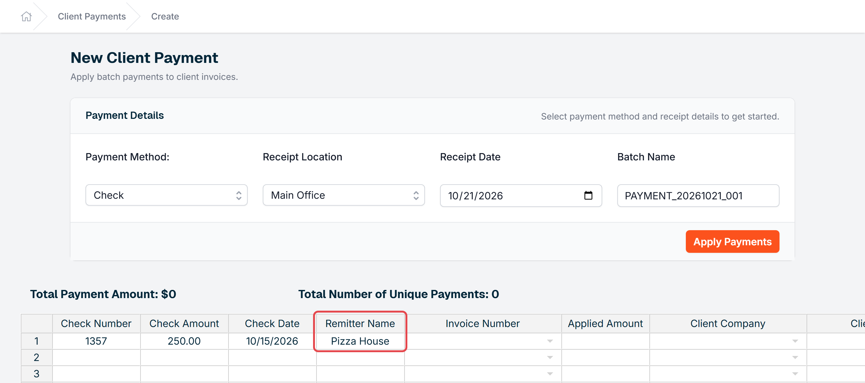 Remitter Name entered in the payment table
