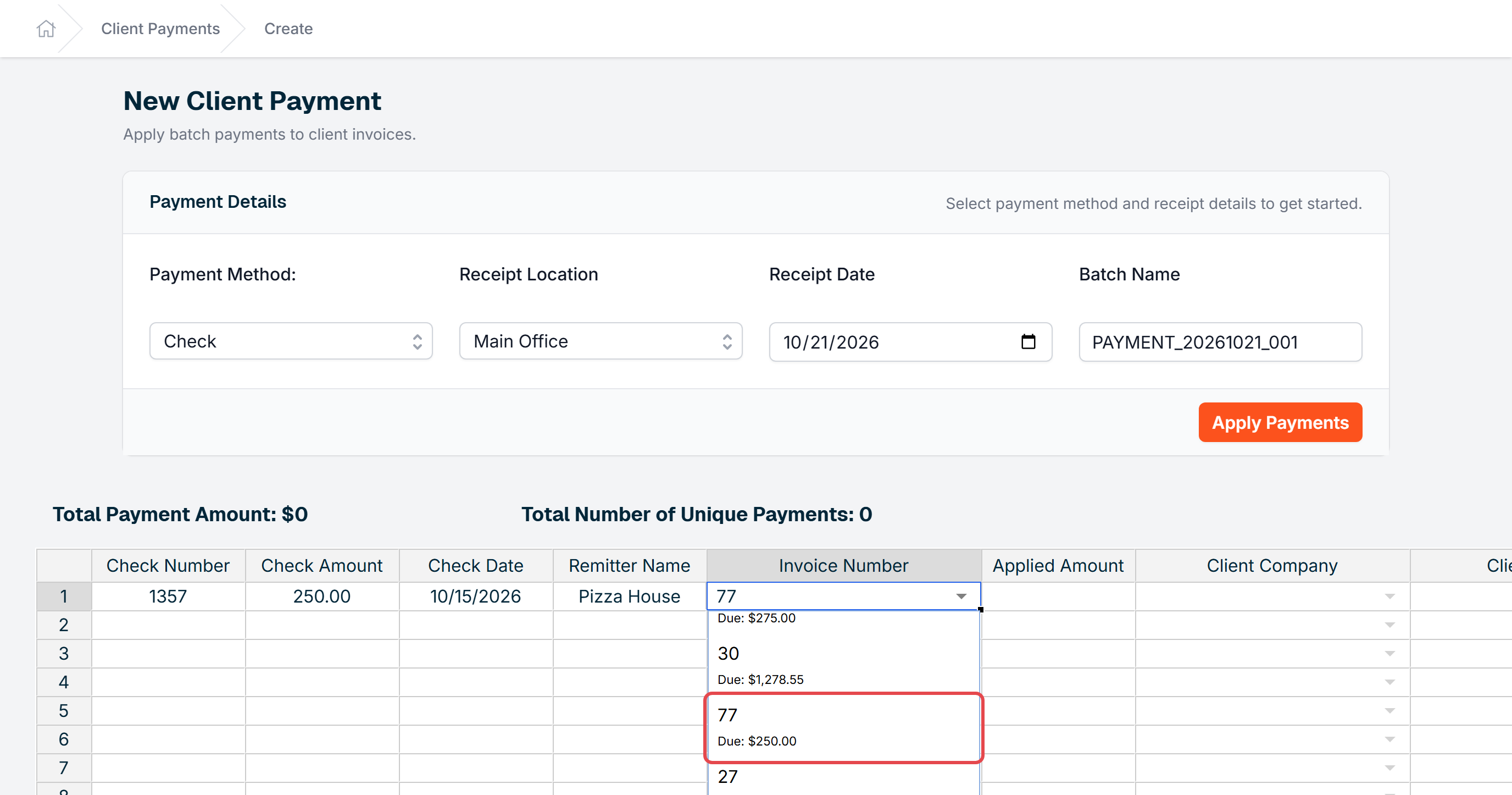 The invoice list open in the Invoice Number cell