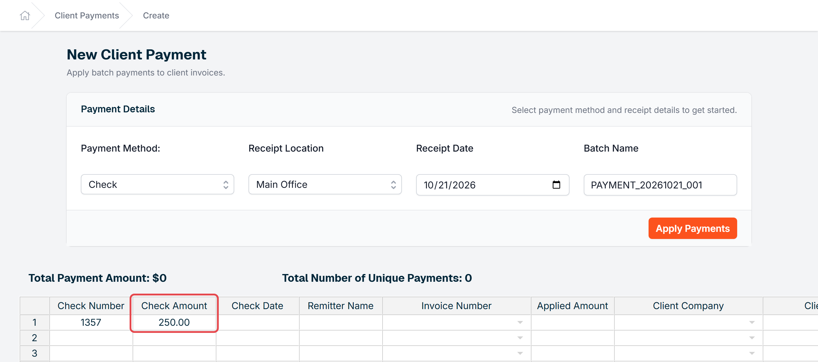 Check Amount entered in the payment table