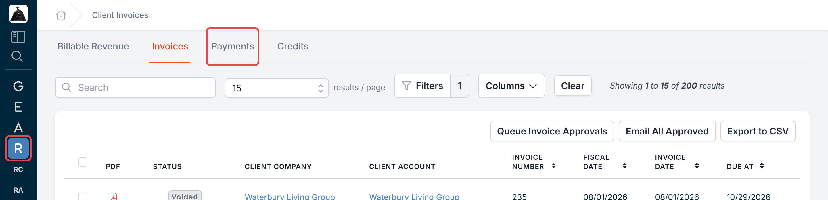 Revenue in the navigation and the Payments tab