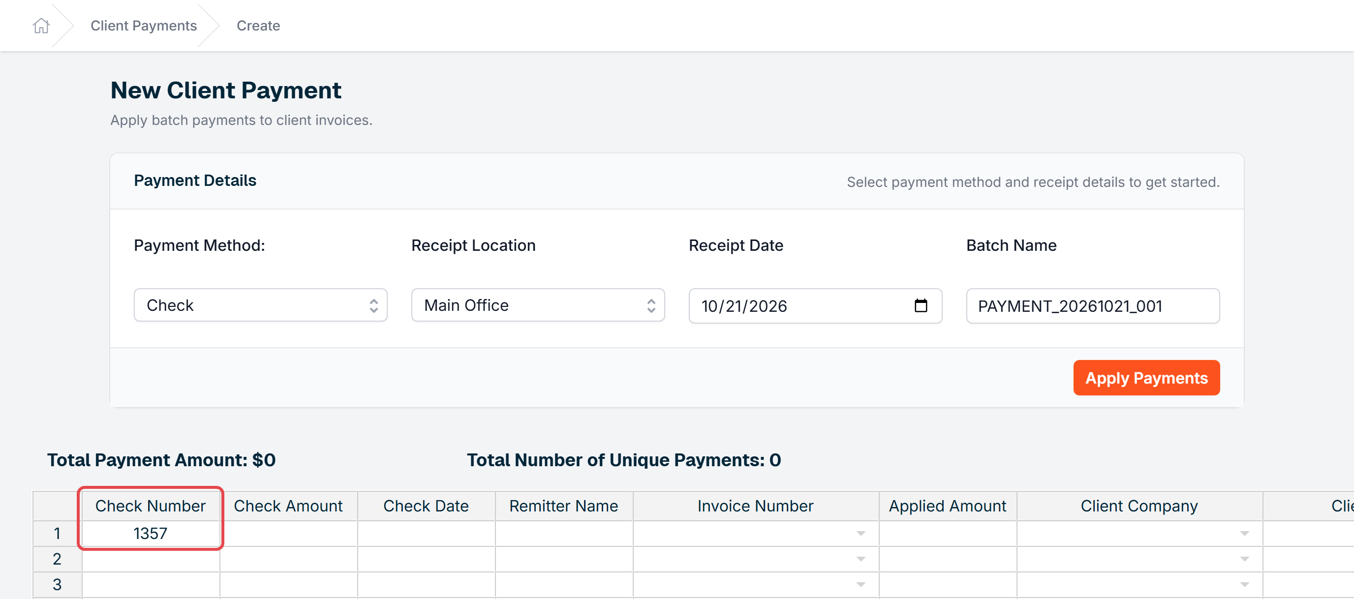 Check Number entered in the payment table