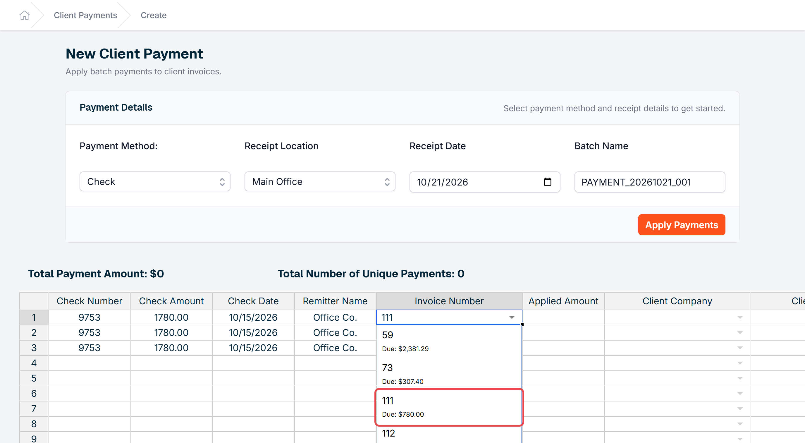 The invoice list open in the first row's Invoice Number cell