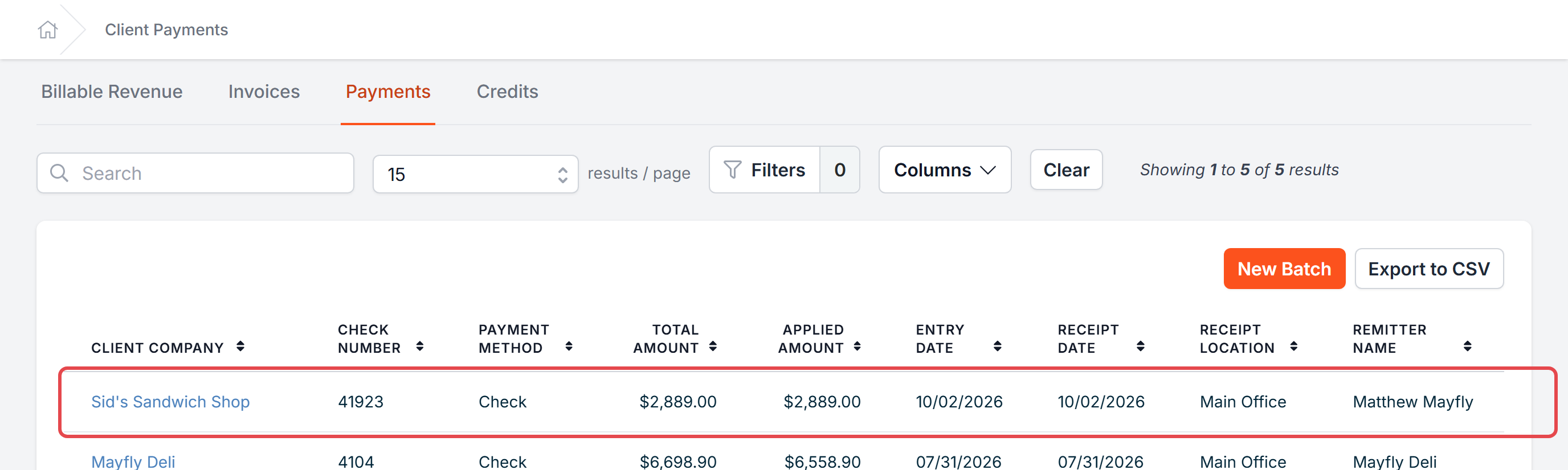 A Client Payment row on the Payments tab