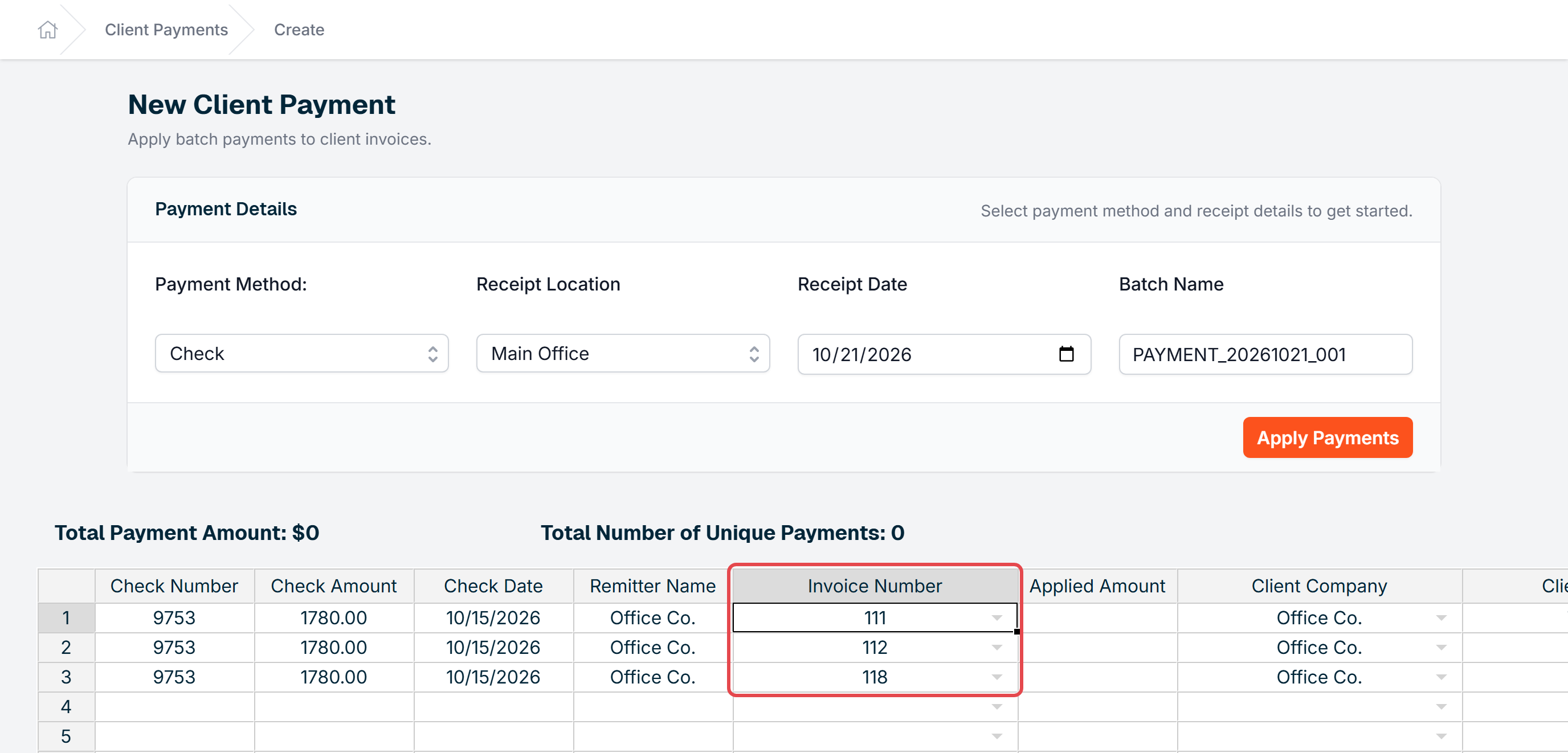 Three invoice numbers selected