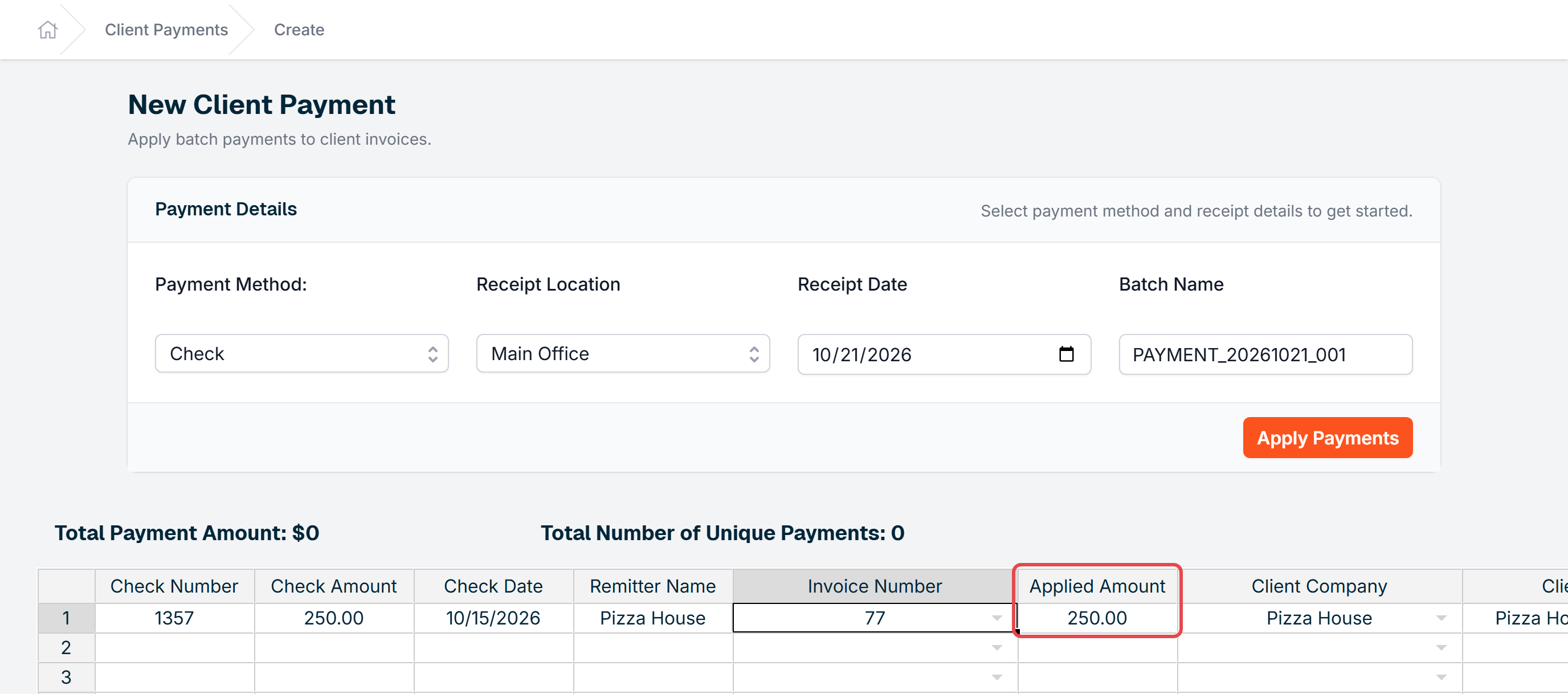 Applied Amount entered in the payment table